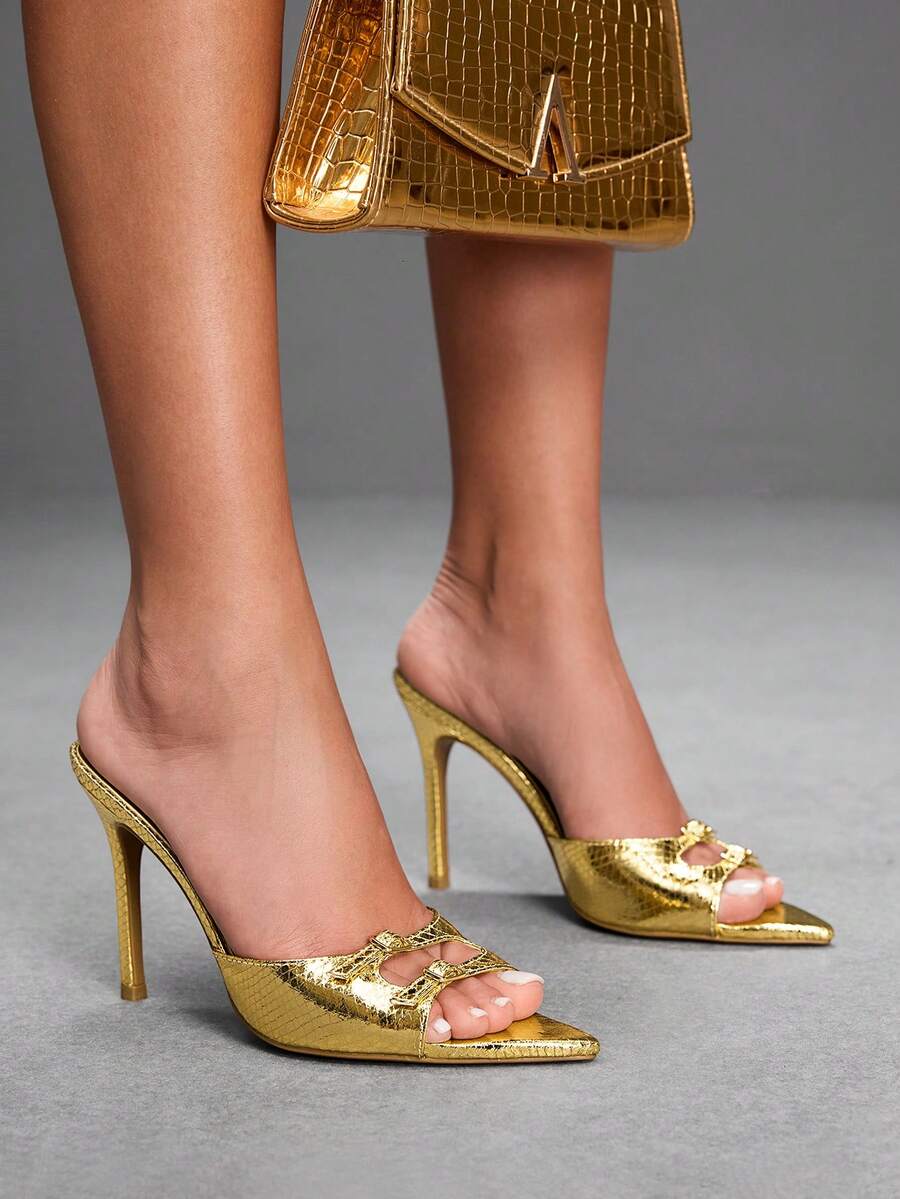 Women's bronze pleated satin stiletto sandals with an open toe design and adjustable buckle slingback strap.