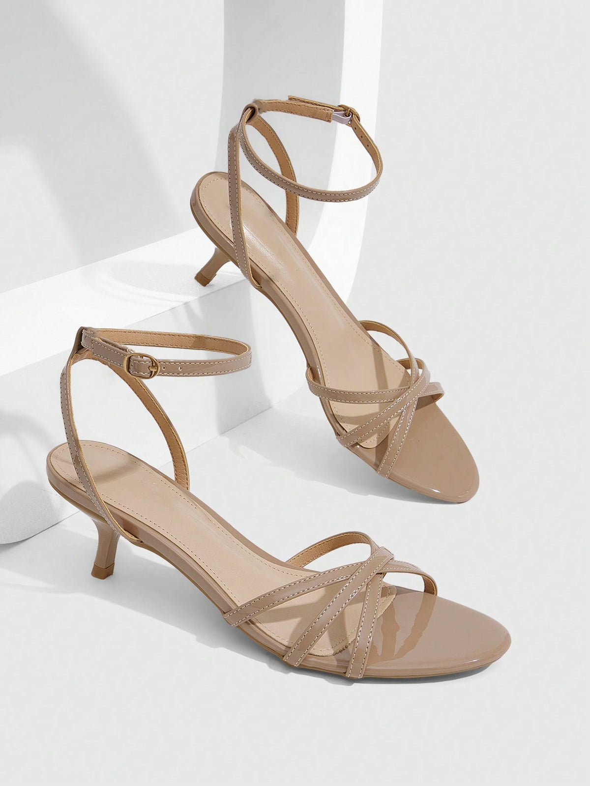 Women's pointed toe kitten heel shoes with adjustable ankle strap buckle closure