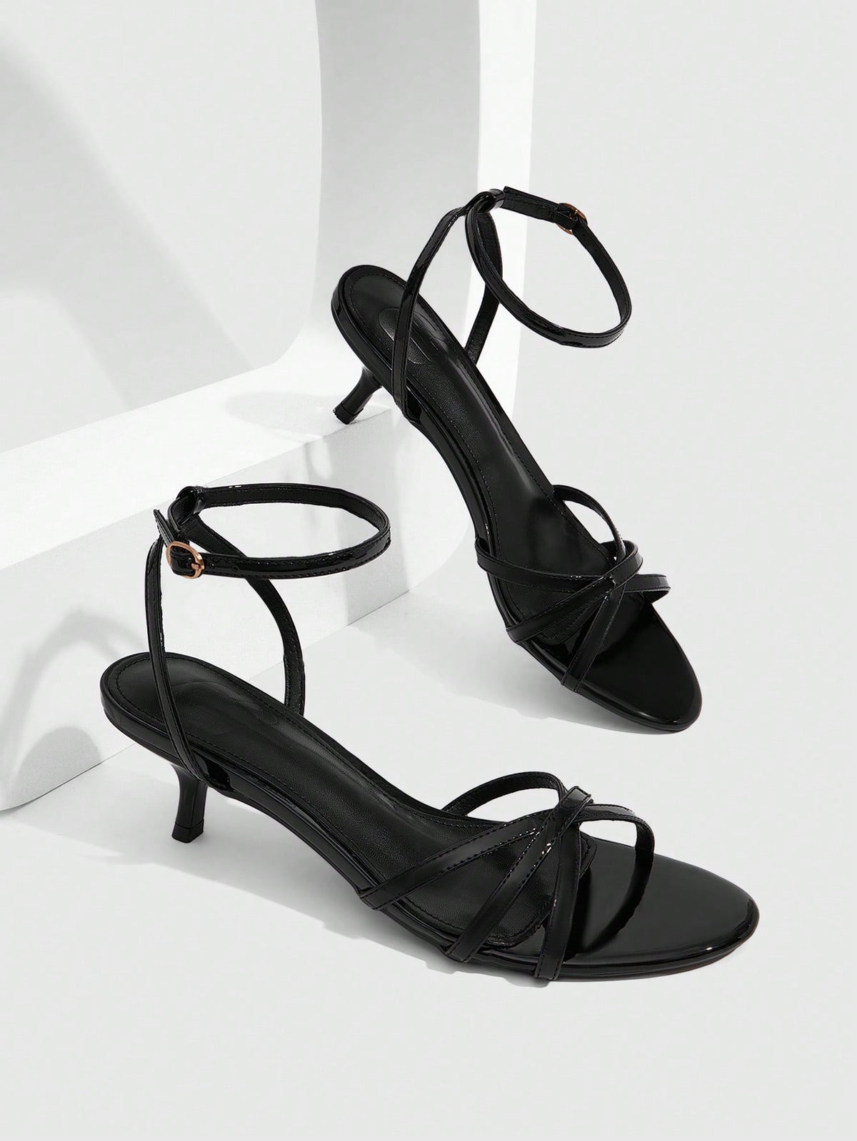 Women's pointed toe kitten heel shoes with adjustable ankle strap buckle closure