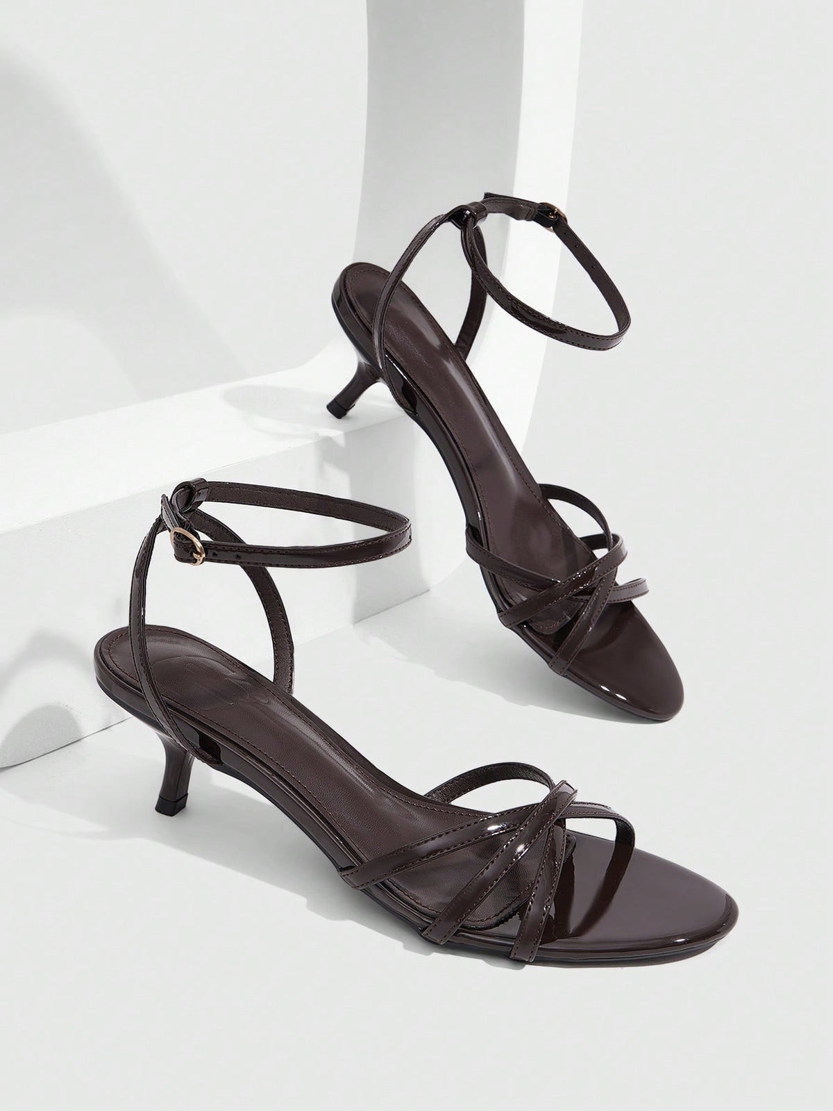 Women's pointed toe kitten heel shoes with adjustable ankle strap buckle closure