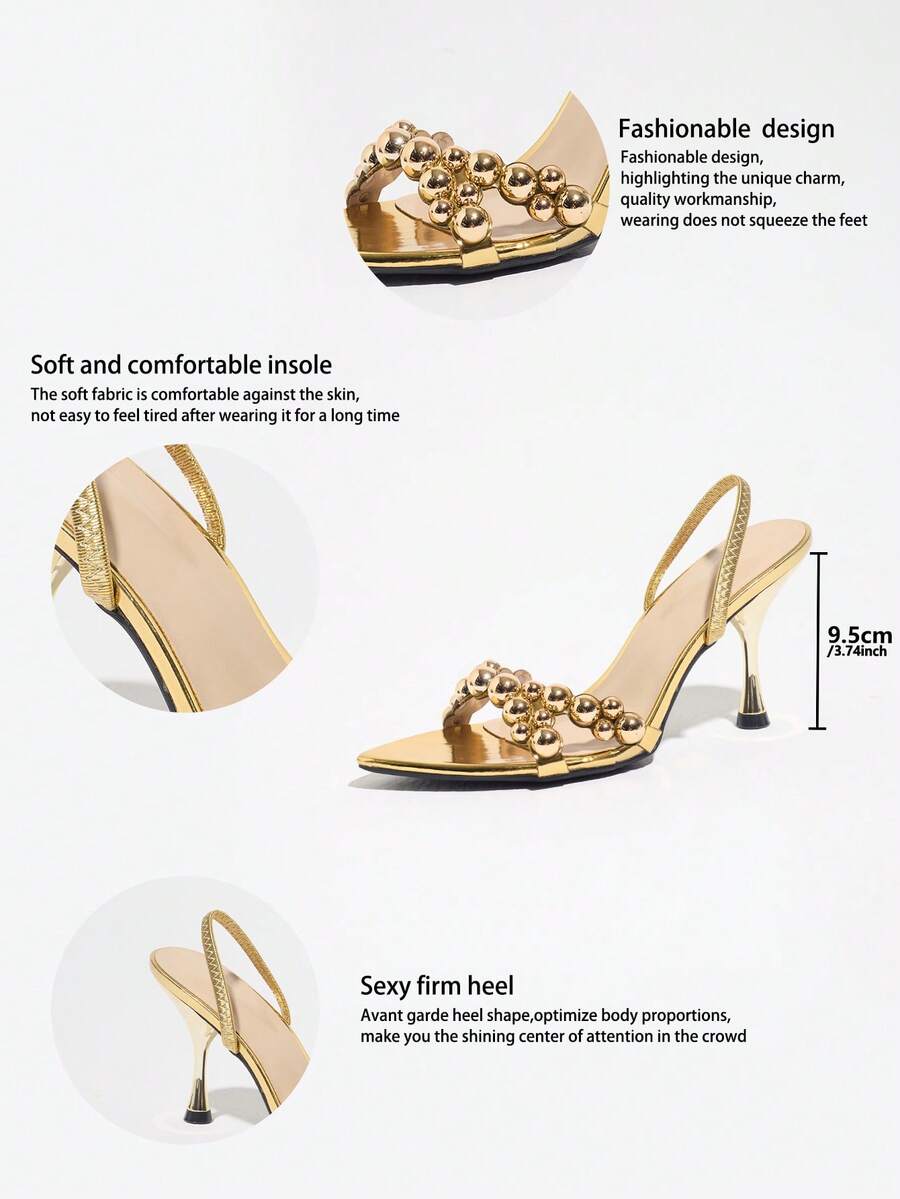 Pointed toe party high heels in gold featuring wavy lace trim, a stiletto heel, and back tie slingback straps.