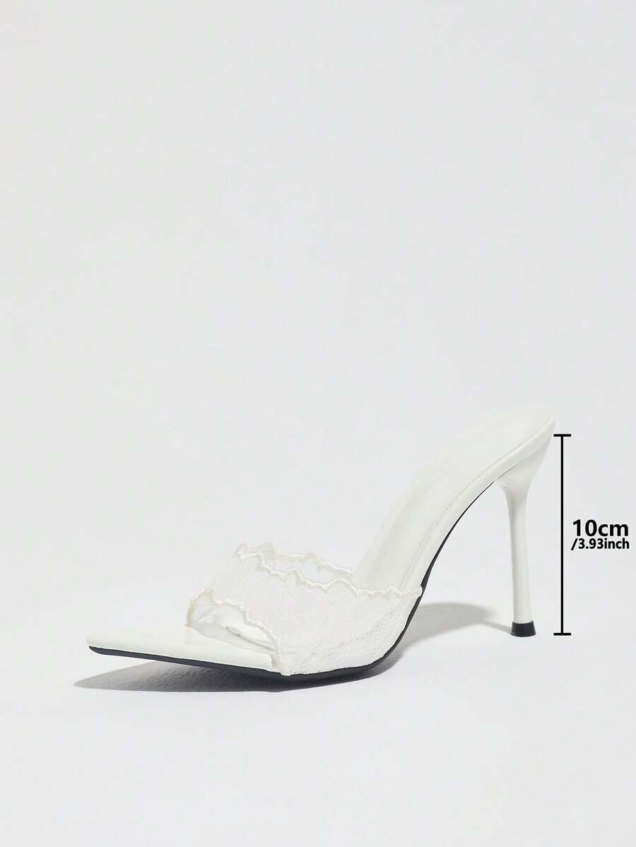 Women's open toe stiletto high heel mule shoes in smooth PU leather with slip-on strap design.