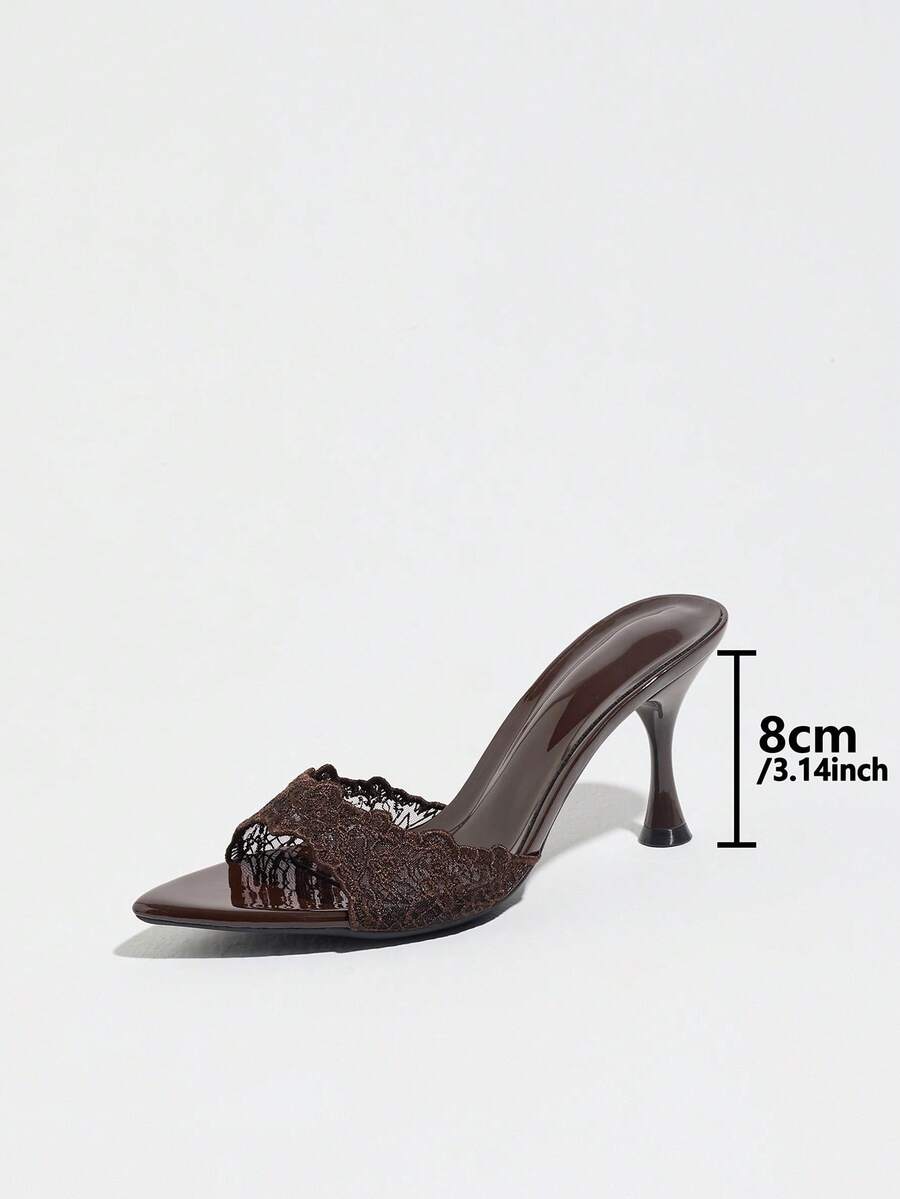 Women's pointed toe high heel mule sandals featuring a sleek slip-on design with elegant lace embroidery detailing