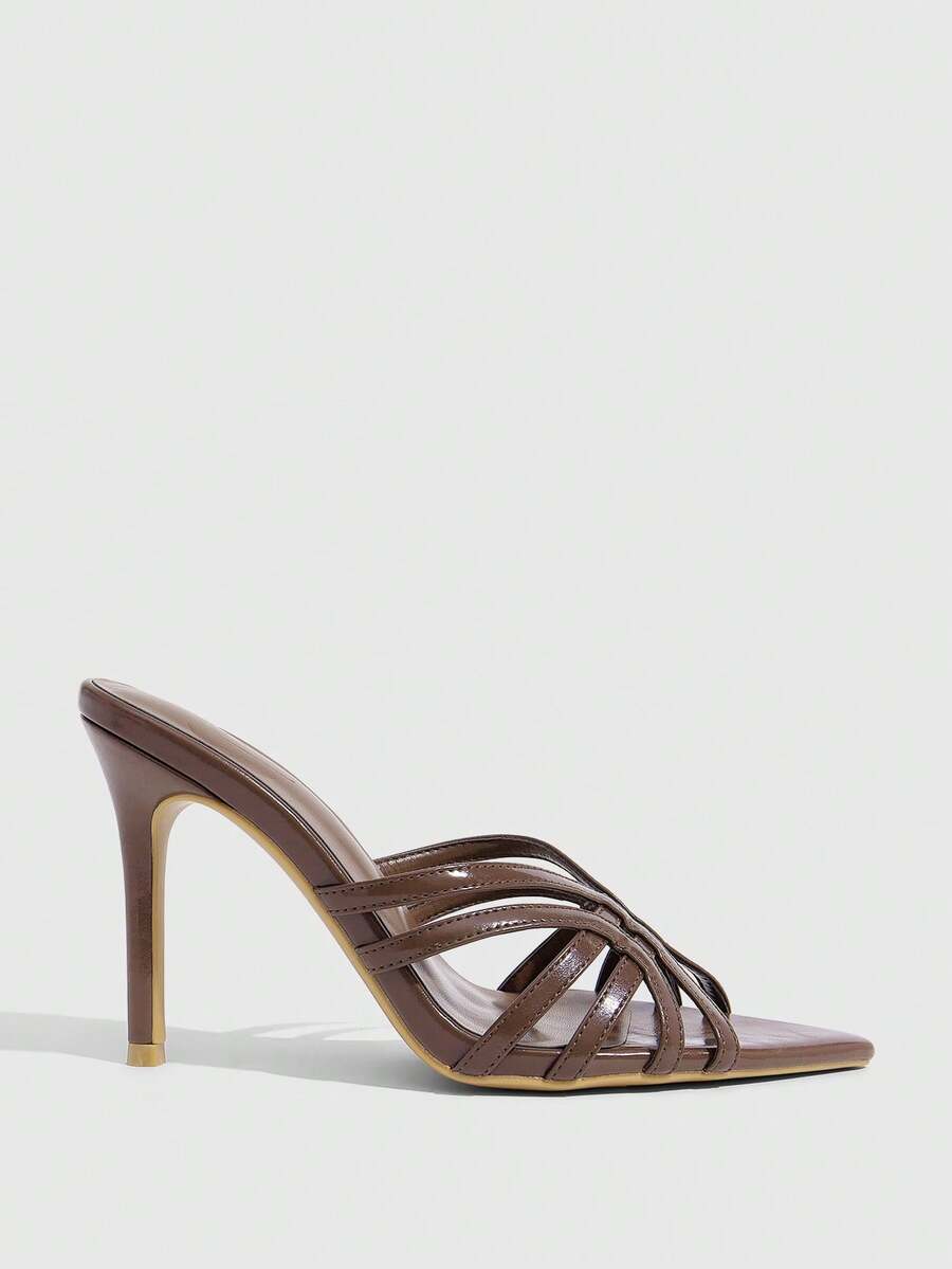 Women's brown flannel pointed open-toe heeled sandals featuring a slip-on mule design with high stiletto heels.