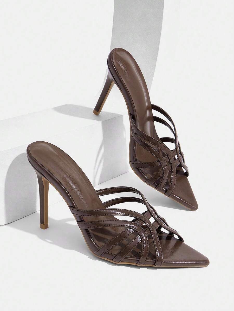 Women's brown flannel pointed open-toe heeled sandals featuring a slip-on mule design with high stiletto heels.