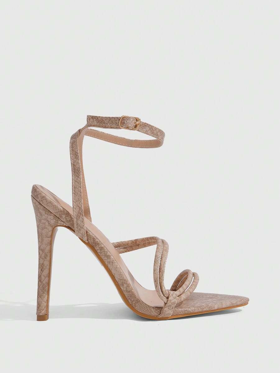 Snake pattern open toe high heel sandals with thin stiletto heel and buckle ankle strap for women.