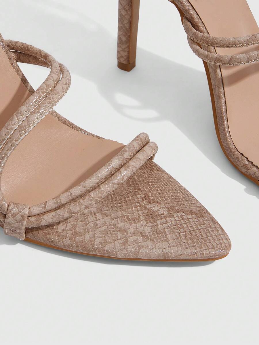Snake pattern open toe high heel sandals with thin stiletto heel and buckle ankle strap for women.