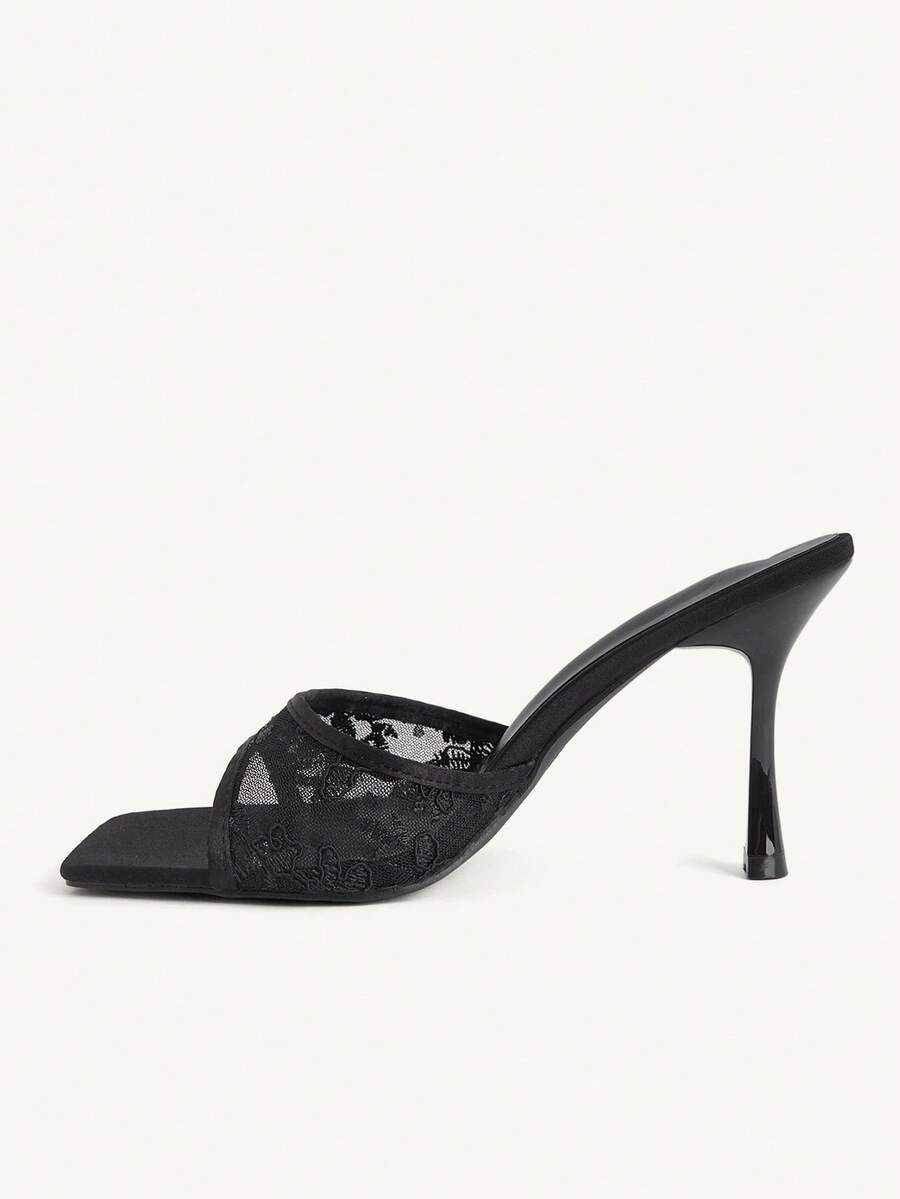 Lace square toe open toe stiletto high heel sandals with sparkling rhinestone ankle strap chain