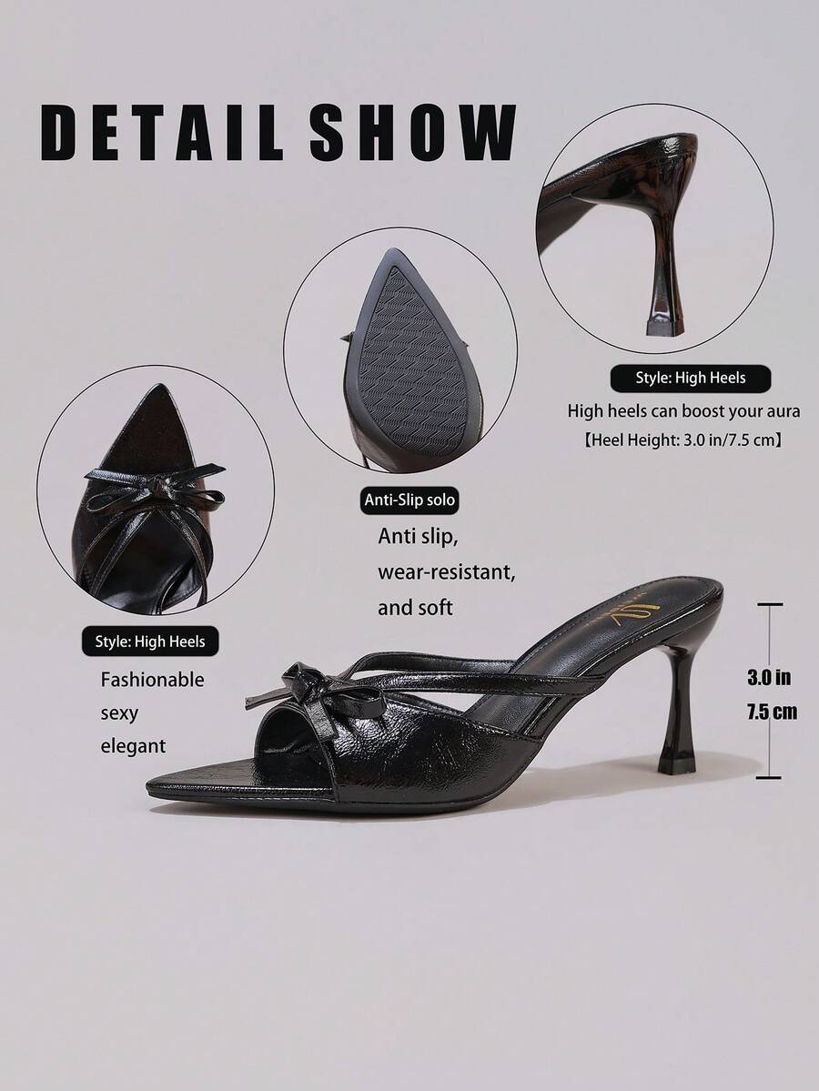 Lace stiletto high heel sandals with pointed open toe, ankle strap buckle, and bow detail