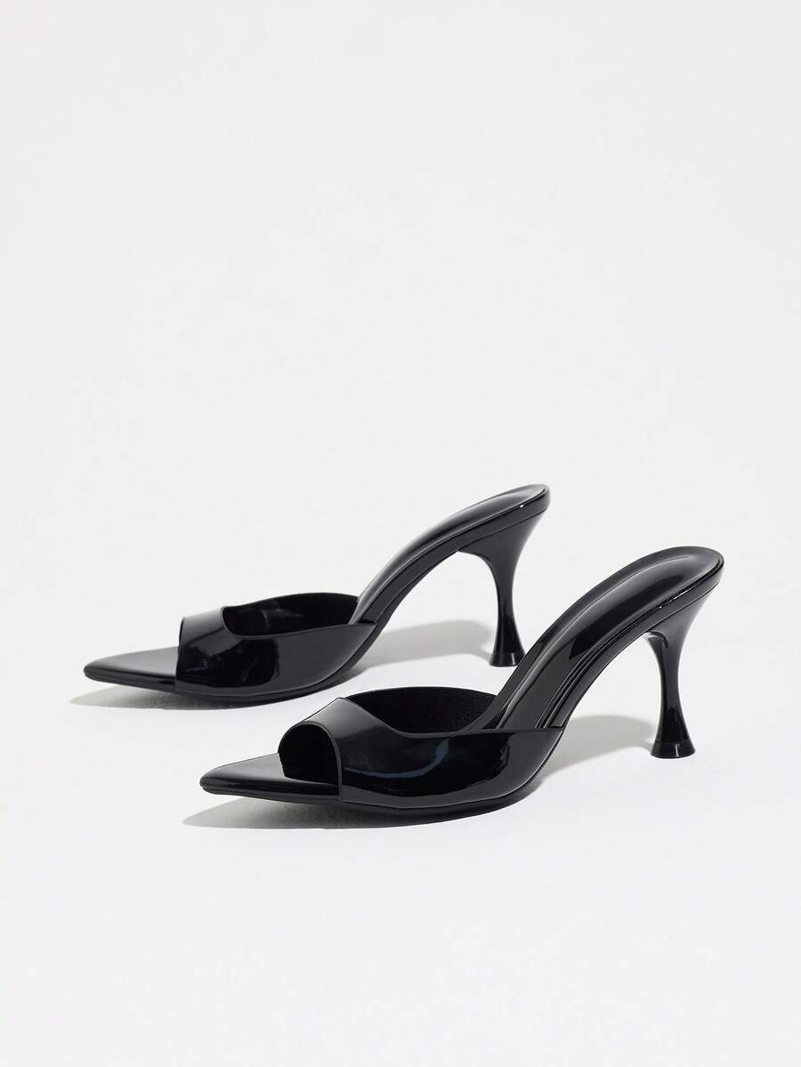 Women's open pointed toe stiletto mule high heel sandals featuring a glossy slip-on design.