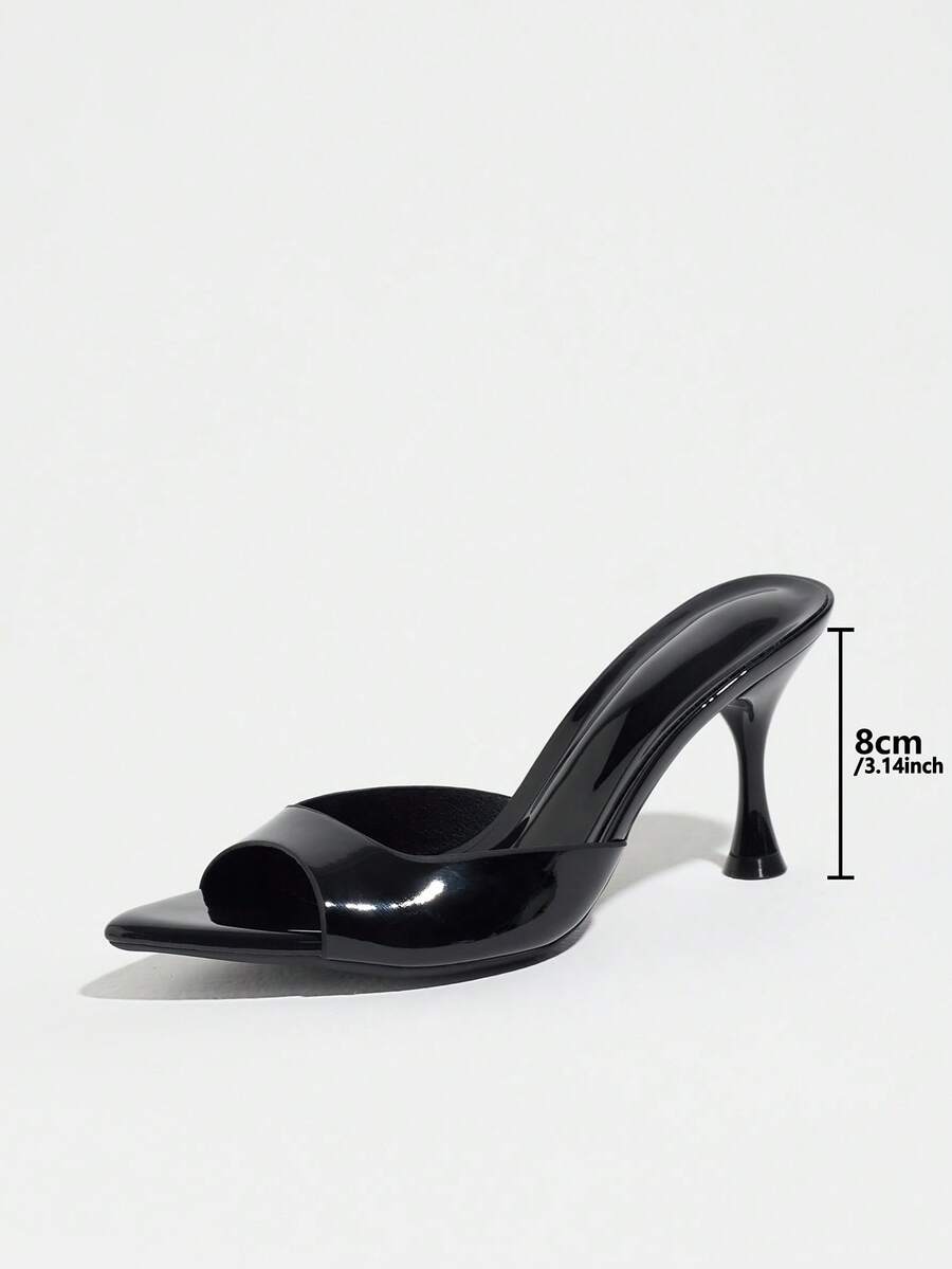 Women's open pointed toe stiletto mule high heel sandals featuring a glossy slip-on design.