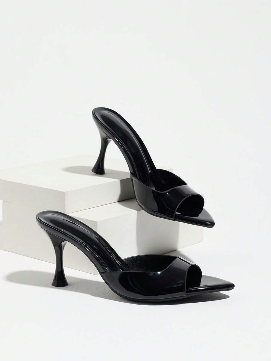 Women's open pointed toe stiletto mule high heel sandals featuring a glossy slip-on design.