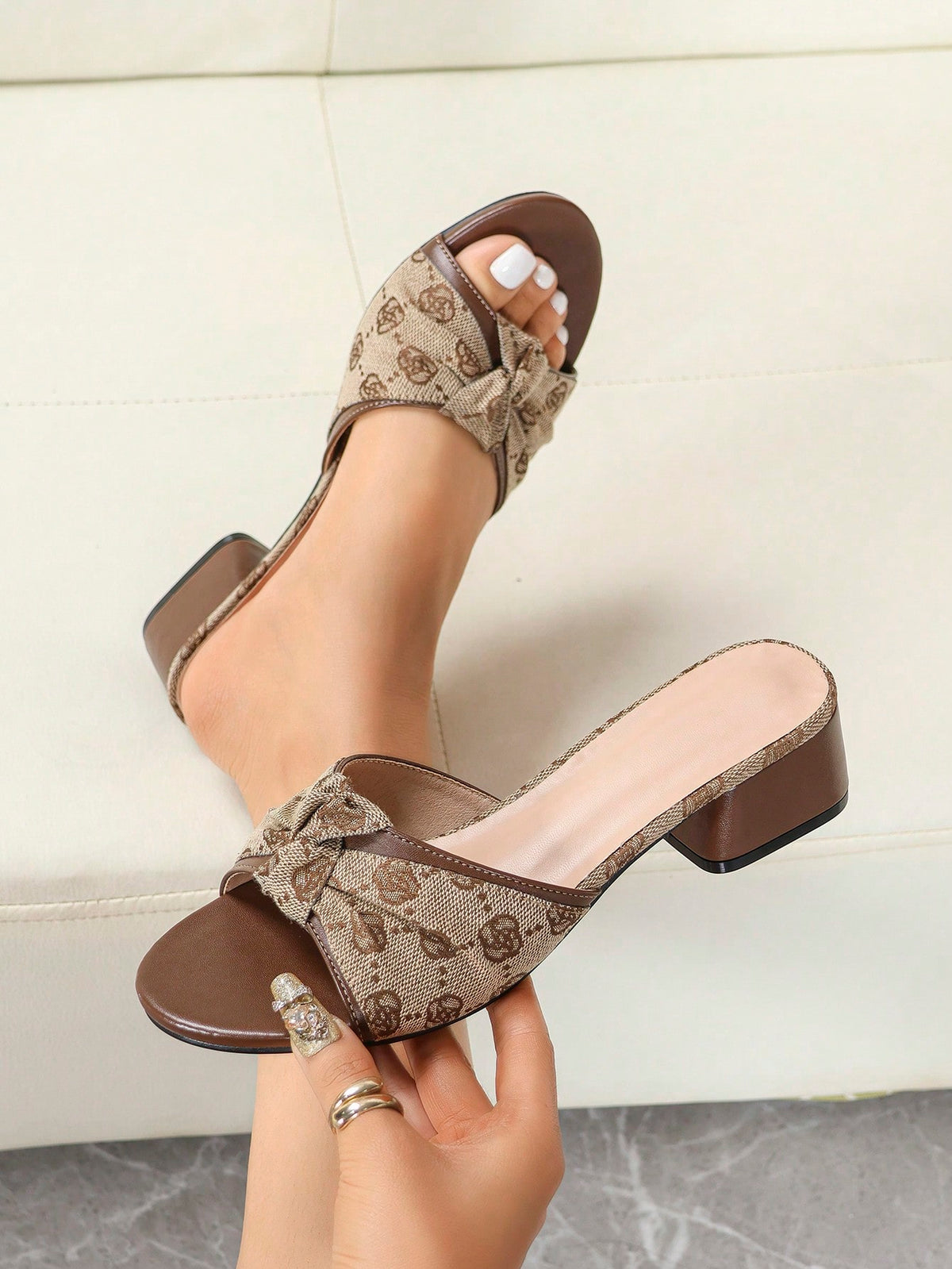 Women's multicolor square toe chunky heel sandals with bohemian textured pattern, canvas upper, and slip-on design.