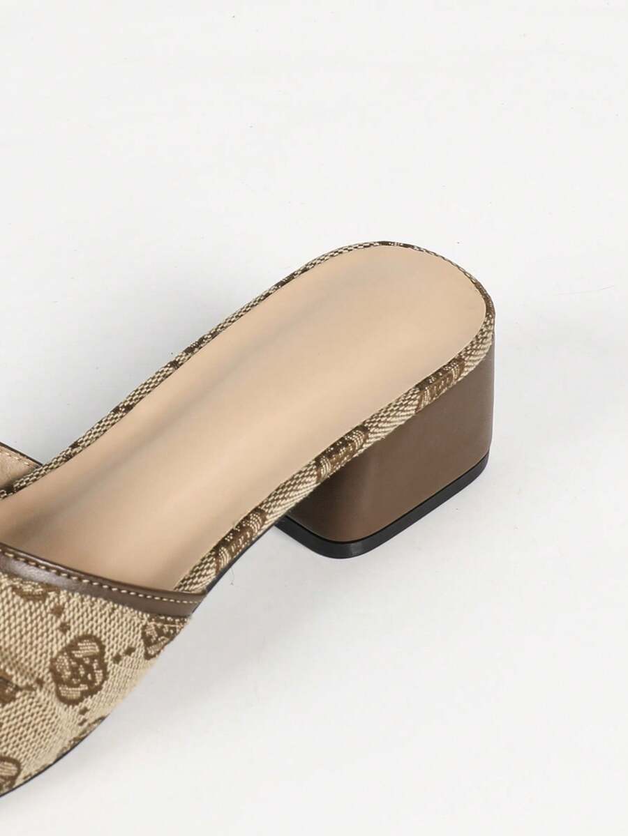 Women's multicolor square toe chunky heel sandals with bohemian textured pattern, canvas upper, and slip-on design.