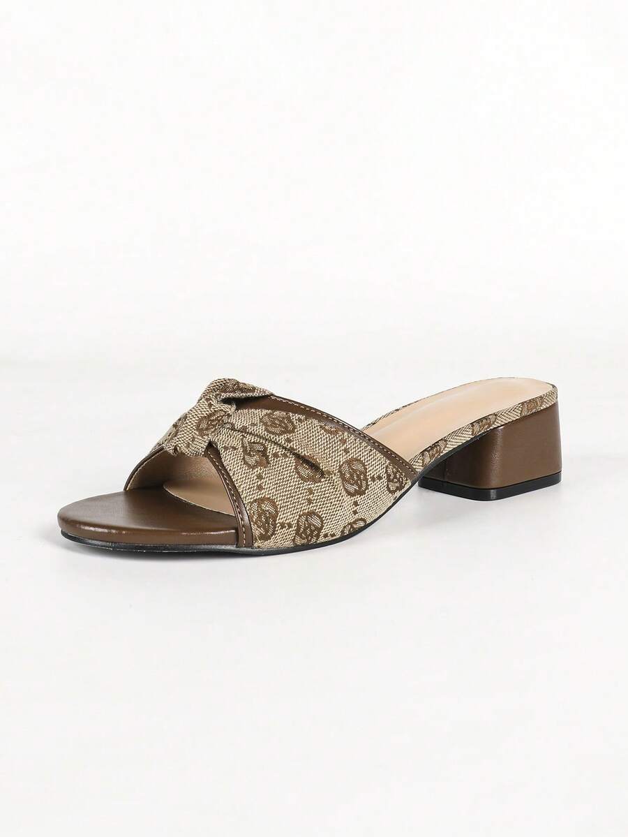 Women's multicolor square toe chunky heel sandals with bohemian textured pattern, canvas upper, and slip-on design.