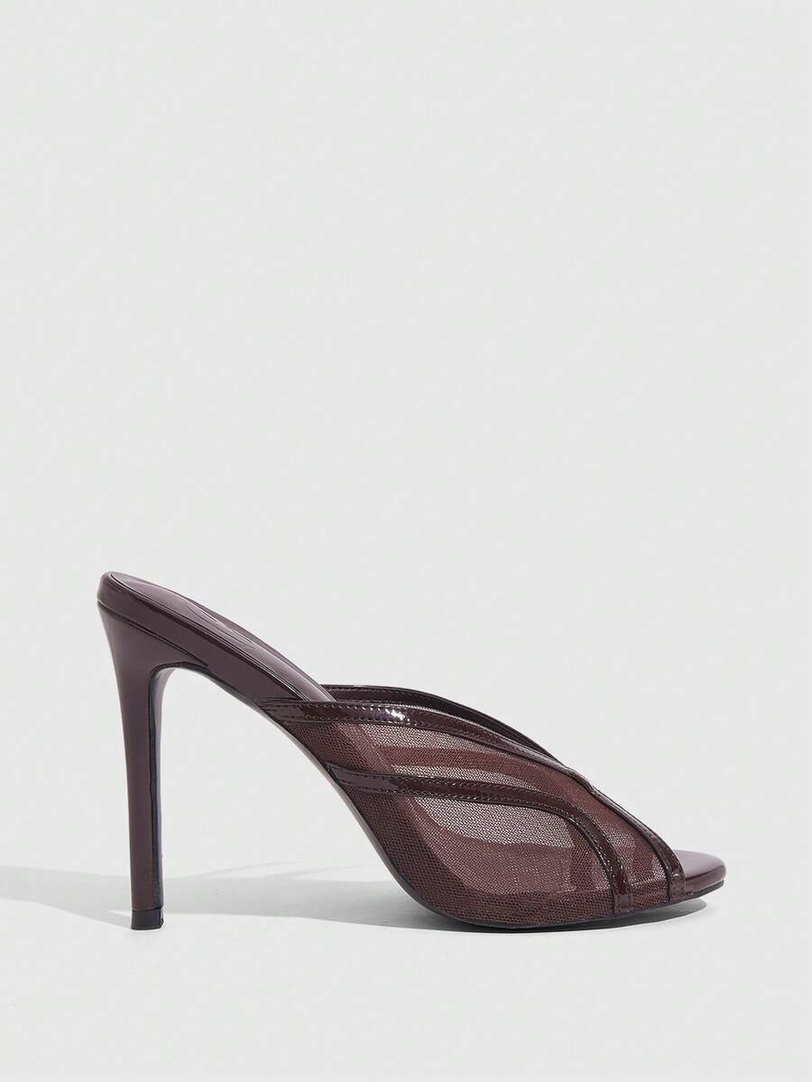 Women's apricot open toe stiletto sandals featuring a hollow mesh design and high heel.