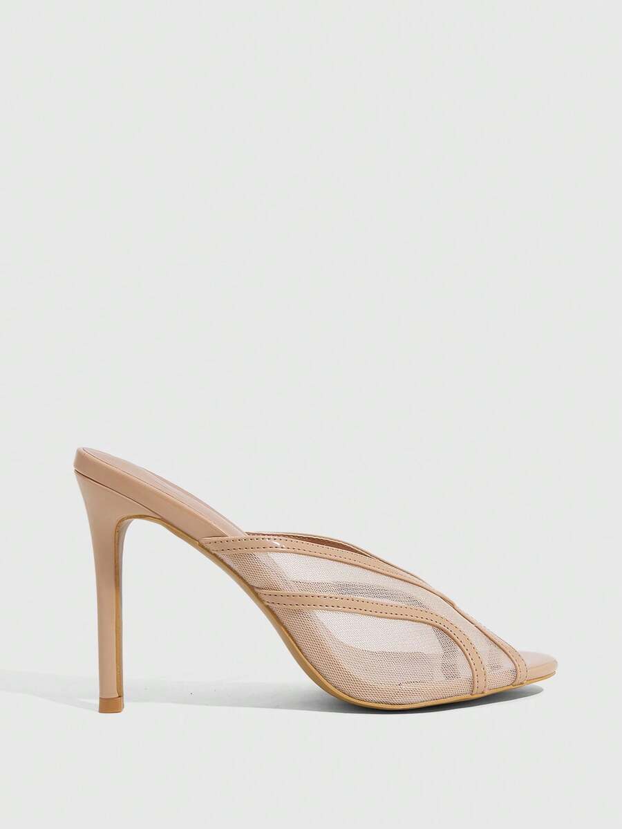 Women's apricot open toe stiletto sandals featuring a hollow mesh design and high heel.