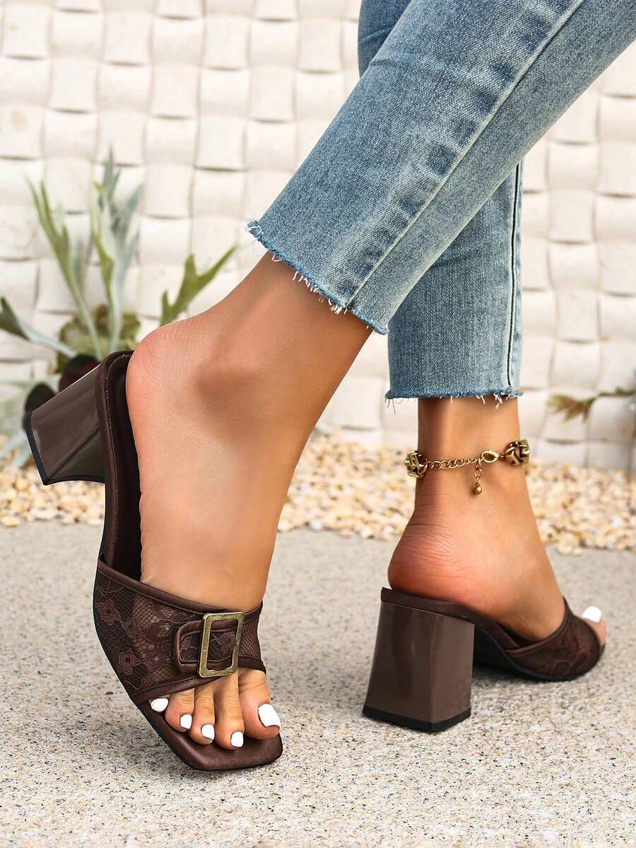 Women's open toe stiletto high heel sandals with breathable mesh lining and slip-on design.