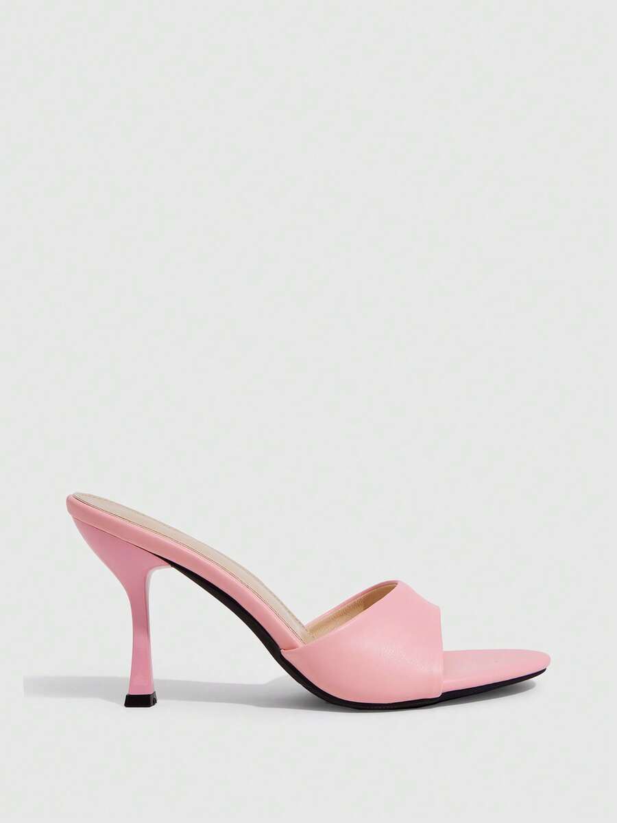 Women's open toe high heel sandals with slingback strap and sleek stiletto heel in smooth PU leather.