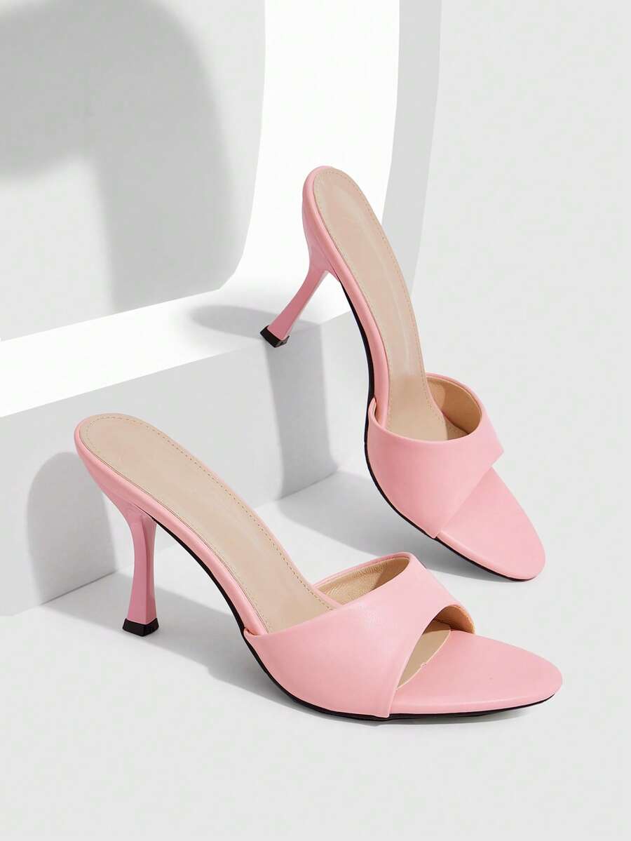 Women's open toe high heel sandals with slingback strap and sleek stiletto heel in smooth PU leather.