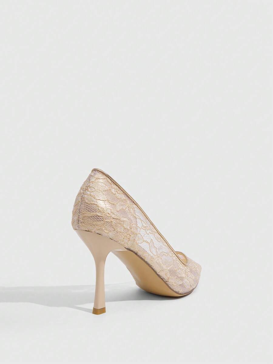 Women's pointed clear lace heels with contrast mesh, floral embroidery, and stiletto high heel with buckle strap.