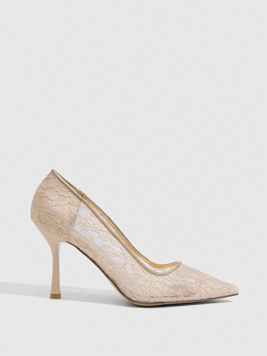 Women's pointed clear lace heels with contrast mesh, floral embroidery, and stiletto high heel with buckle strap.