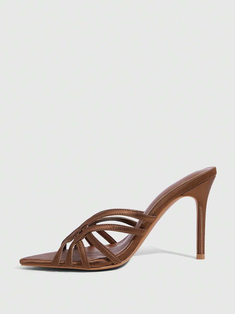 Women's brown flannel pointed open-toe heeled sandals featuring a slip-on mule design with high stiletto heels.