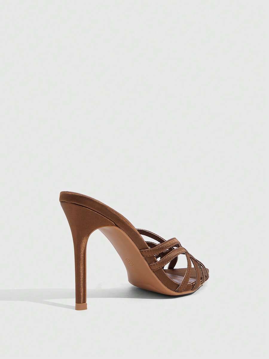 Women's brown flannel pointed open-toe heeled sandals featuring a slip-on mule design with high stiletto heels.
