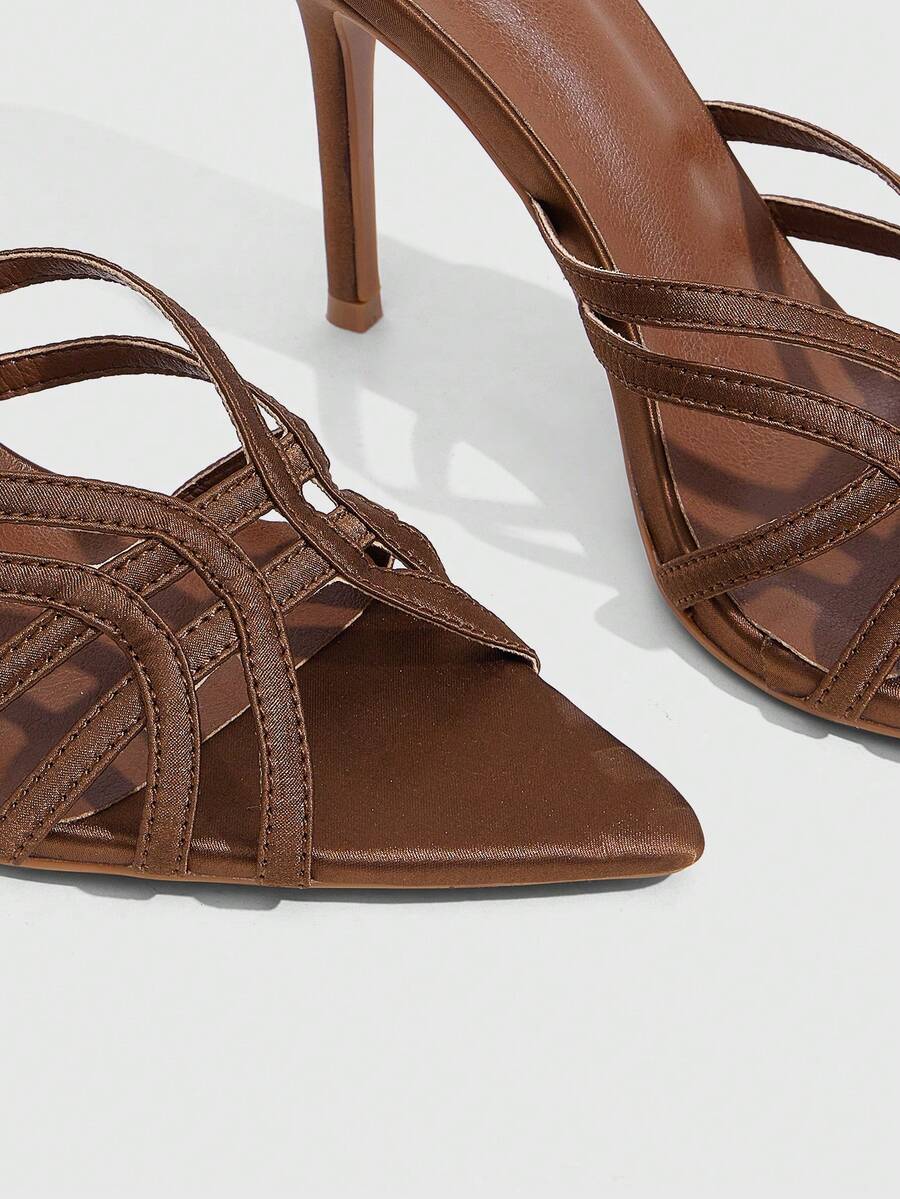 Women's brown flannel pointed open-toe heeled sandals featuring a slip-on mule design with high stiletto heels.