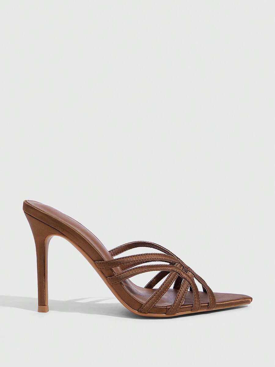 Women's brown flannel pointed open-toe heeled sandals featuring a slip-on mule design with high stiletto heels.