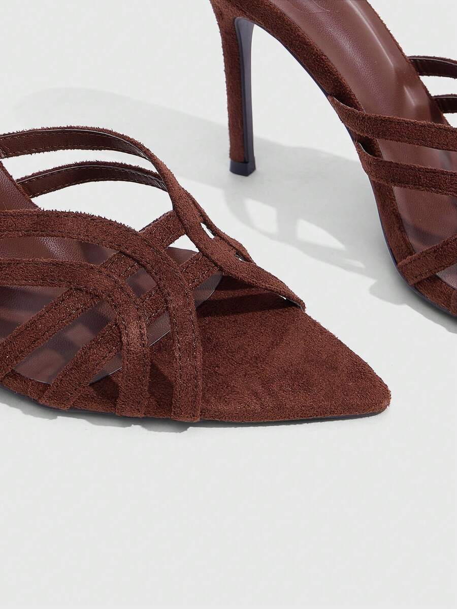 Women's brown flannel pointed open-toe heeled sandals featuring a slip-on mule design with high stiletto heels.