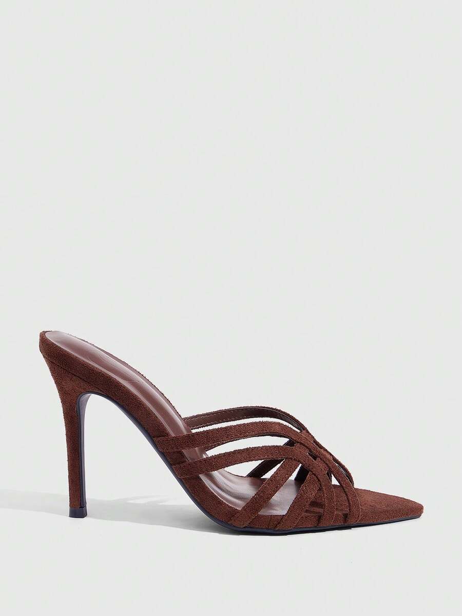 Women's brown flannel pointed open-toe heeled sandals featuring a slip-on mule design with high stiletto heels.
