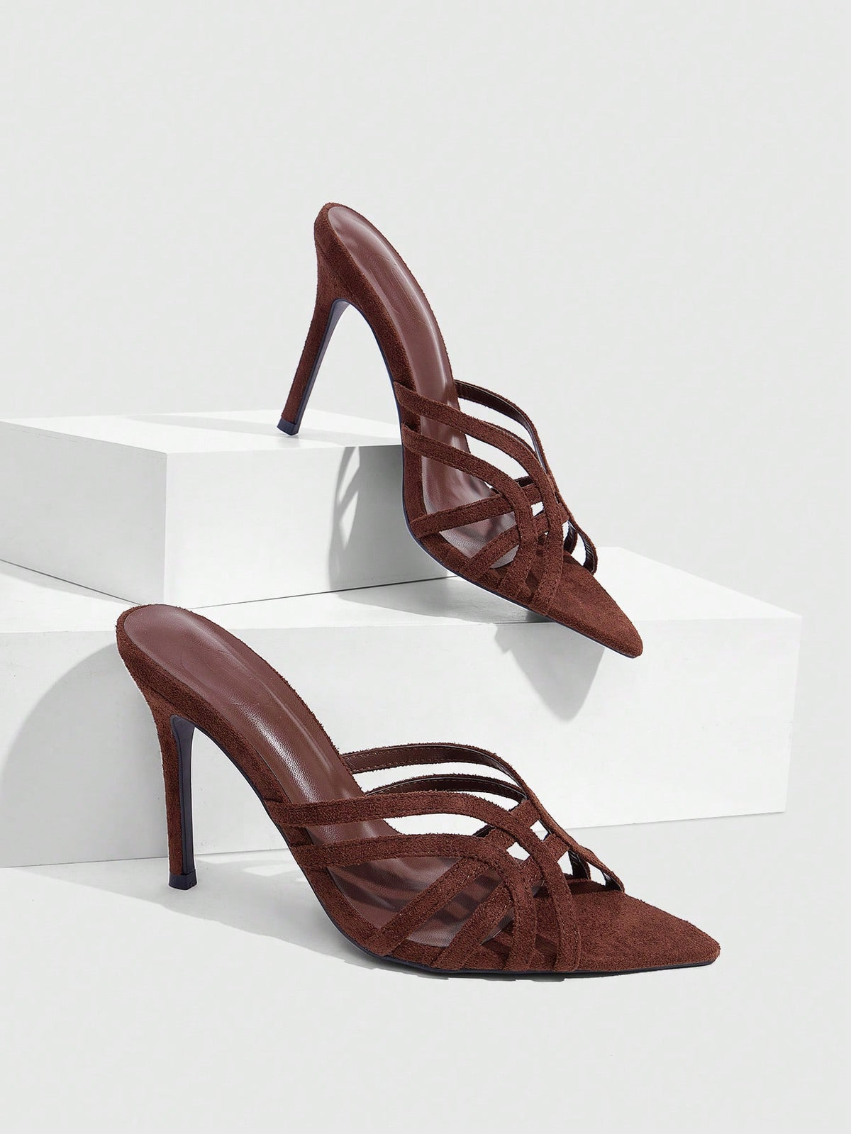 Women's brown flannel pointed open-toe heeled sandals featuring a slip-on mule design with high stiletto heels.