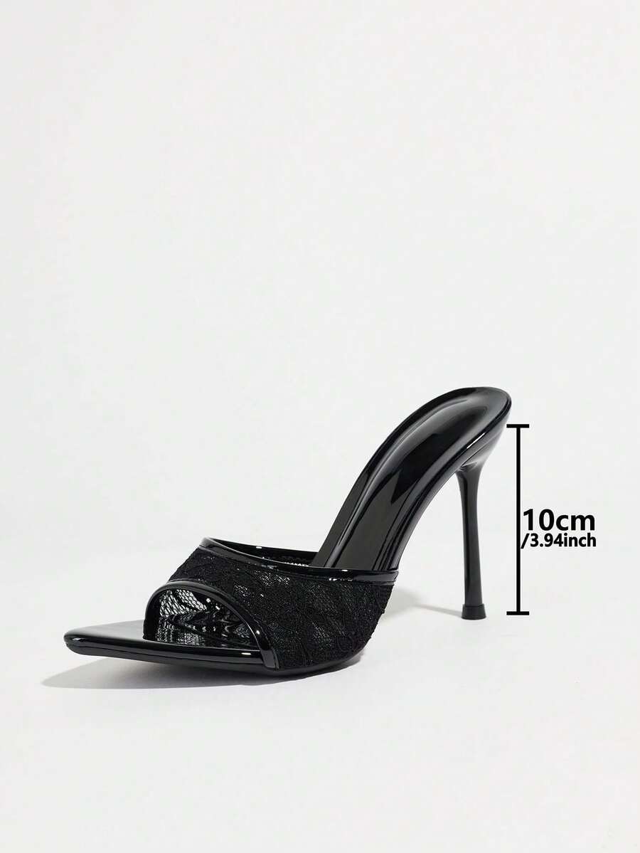 Women's coffee brown high heel mule shoes featuring a glossy mirror finish, open toe design, and sleek stiletto heel.