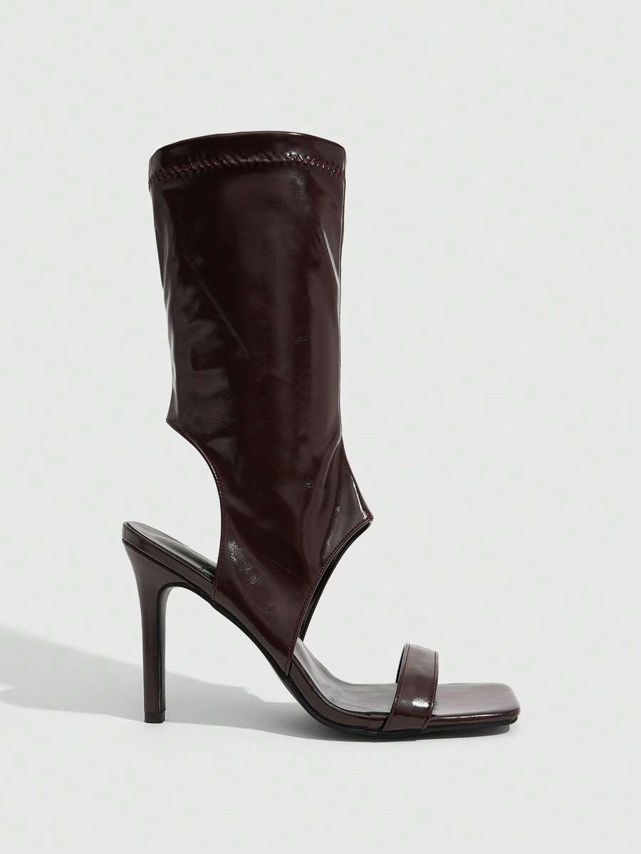 Square toe open-toed high-heeled boots sandals in smooth PU leather with sleeve design and stiletto heels