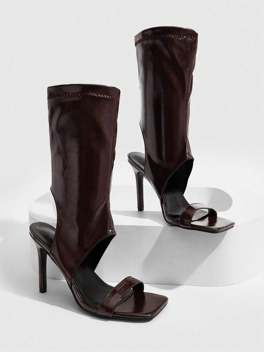 Square toe open-toed high-heeled boots sandals in smooth PU leather with sleeve design and stiletto heels
