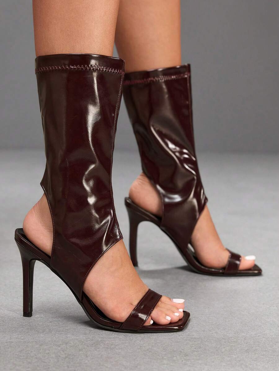 Square toe open-toed high-heeled boots sandals in smooth PU leather with sleeve design and stiletto heels