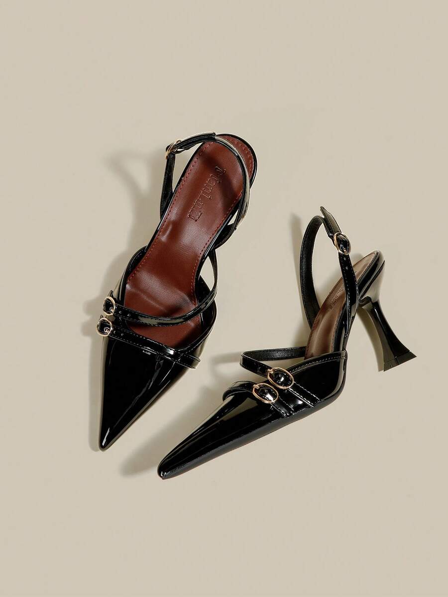 Women's coffee brown patent leather slingback pumps with pointed closed toe and sculpted wine glass high heel.