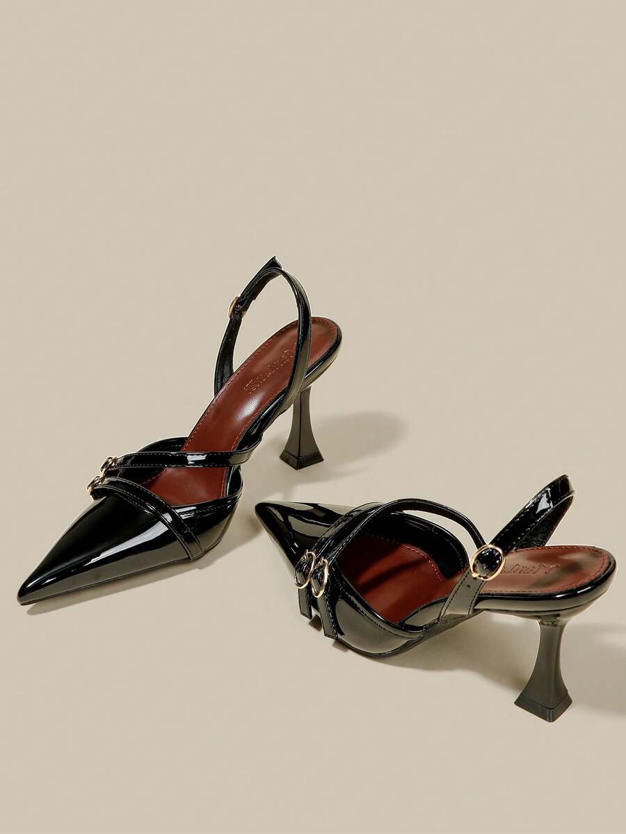 Women's coffee brown patent leather slingback pumps with pointed closed toe and sculpted wine glass high heel.