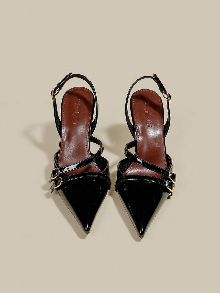 Women's coffee brown patent leather slingback pumps with pointed closed toe and sculpted wine glass high heel.