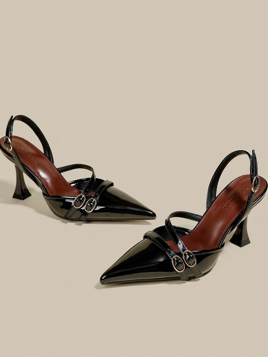 Women's coffee brown patent leather slingback pumps with pointed closed toe and sculpted wine glass high heel.
