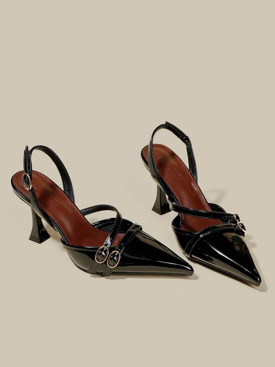 Women's coffee brown patent leather slingback pumps with pointed closed toe and sculpted wine glass high heel.