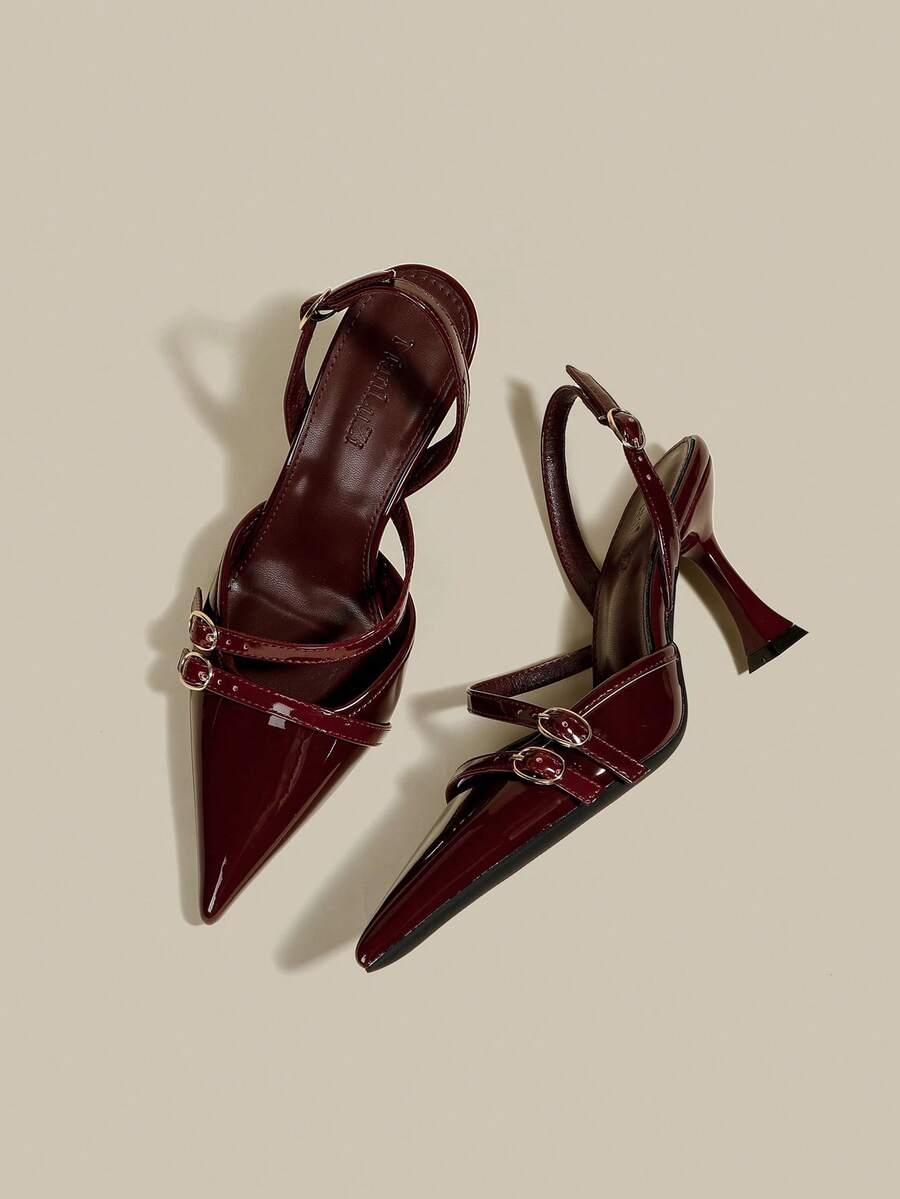Women's coffee brown patent leather slingback pumps with pointed closed toe and sculpted wine glass high heel.