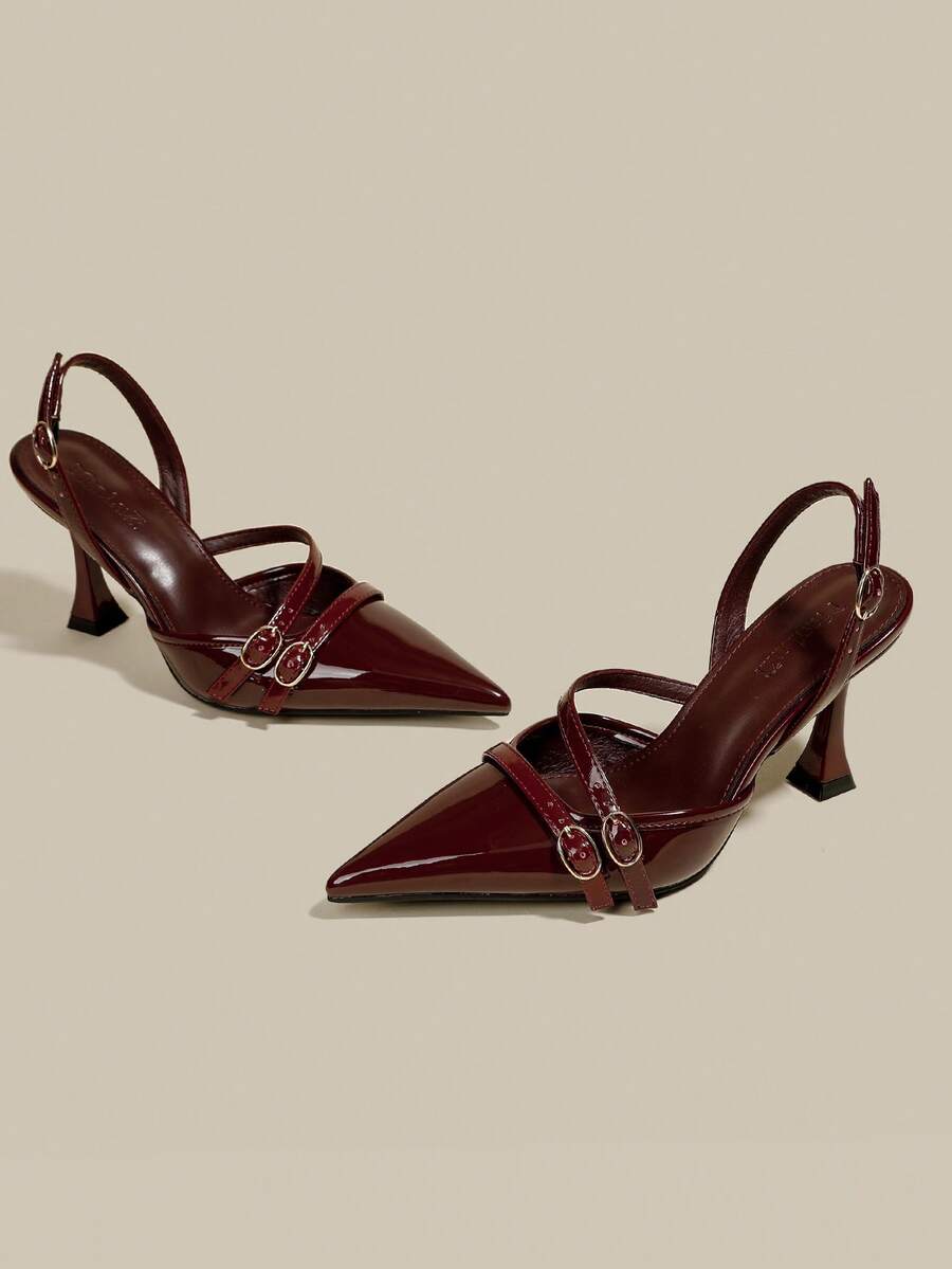 Women's coffee brown patent leather slingback pumps with pointed closed toe and sculpted wine glass high heel.