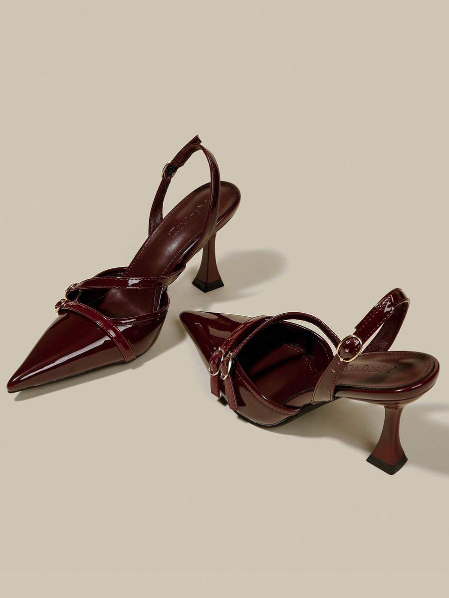 Women's coffee brown patent leather slingback pumps with pointed closed toe and sculpted wine glass high heel.
