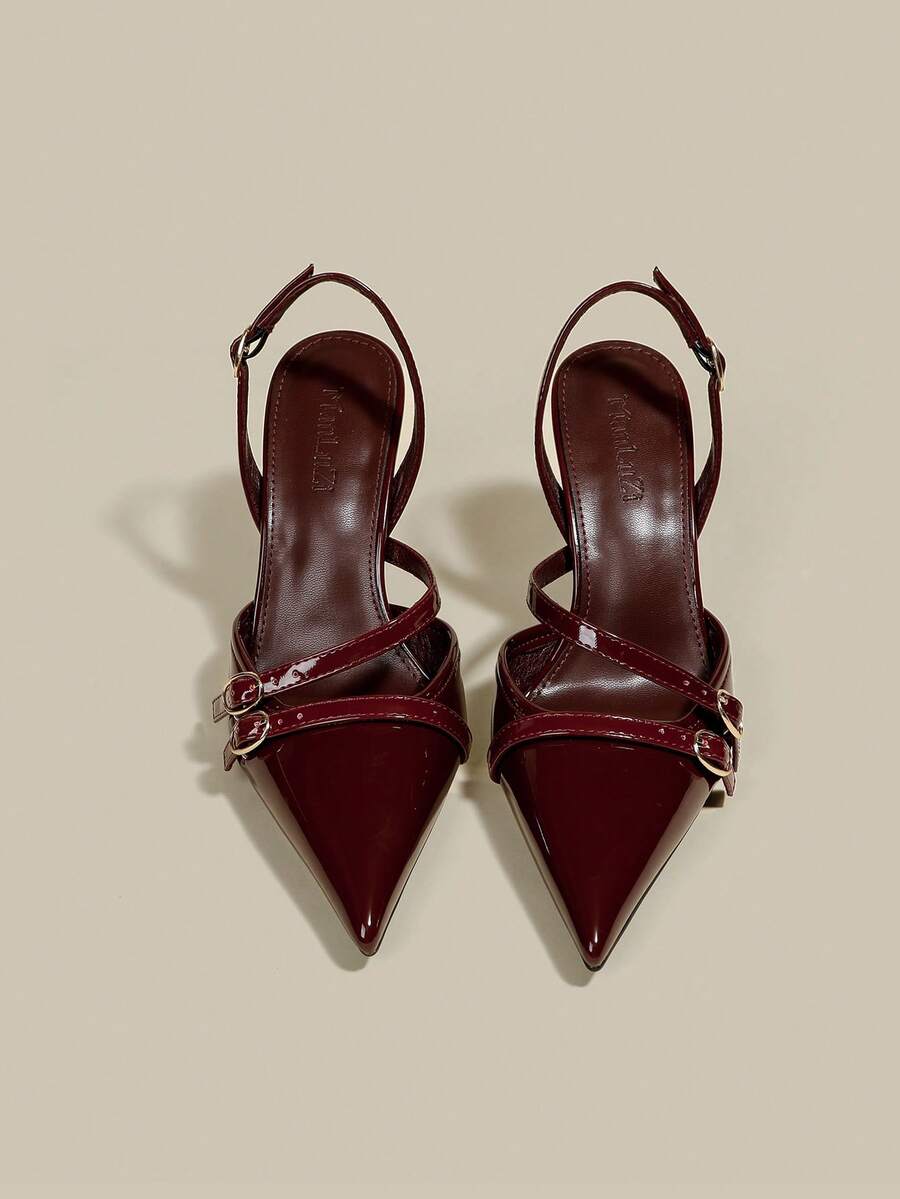 Women's coffee brown patent leather slingback pumps with pointed closed toe and sculpted wine glass high heel.
