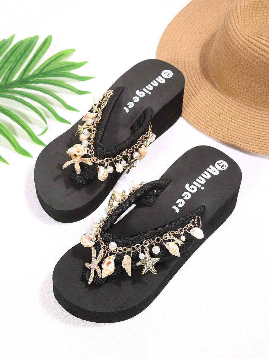 Beige platform wedge flip flop slippers featuring decorative chain and shell details with EVA sole for women.
