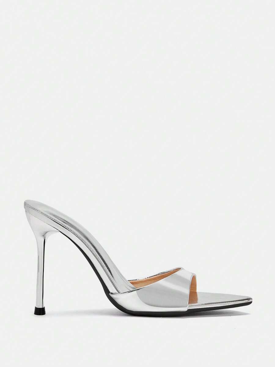 Pair of pointed toe stiletto heel mule sandals with a glossy finish and electroplated thin high heel for wedding and evening party events.