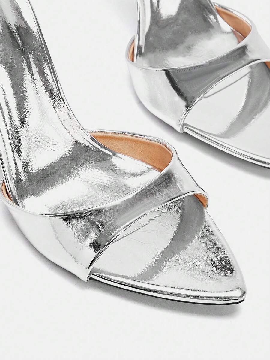 Pair of pointed toe stiletto heel mule sandals with a glossy finish and electroplated thin high heel for wedding and evening party events.