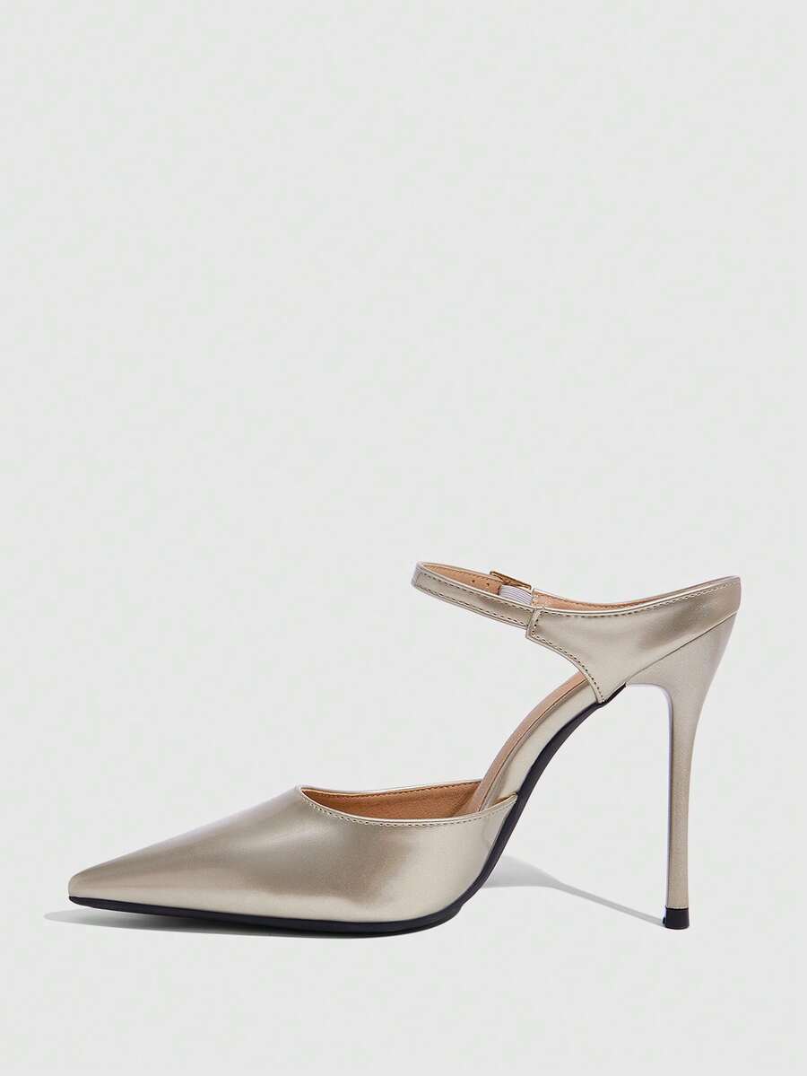 Burgundy pointed toe stiletto high heels with ankle strap buckle detail in patent PU leather